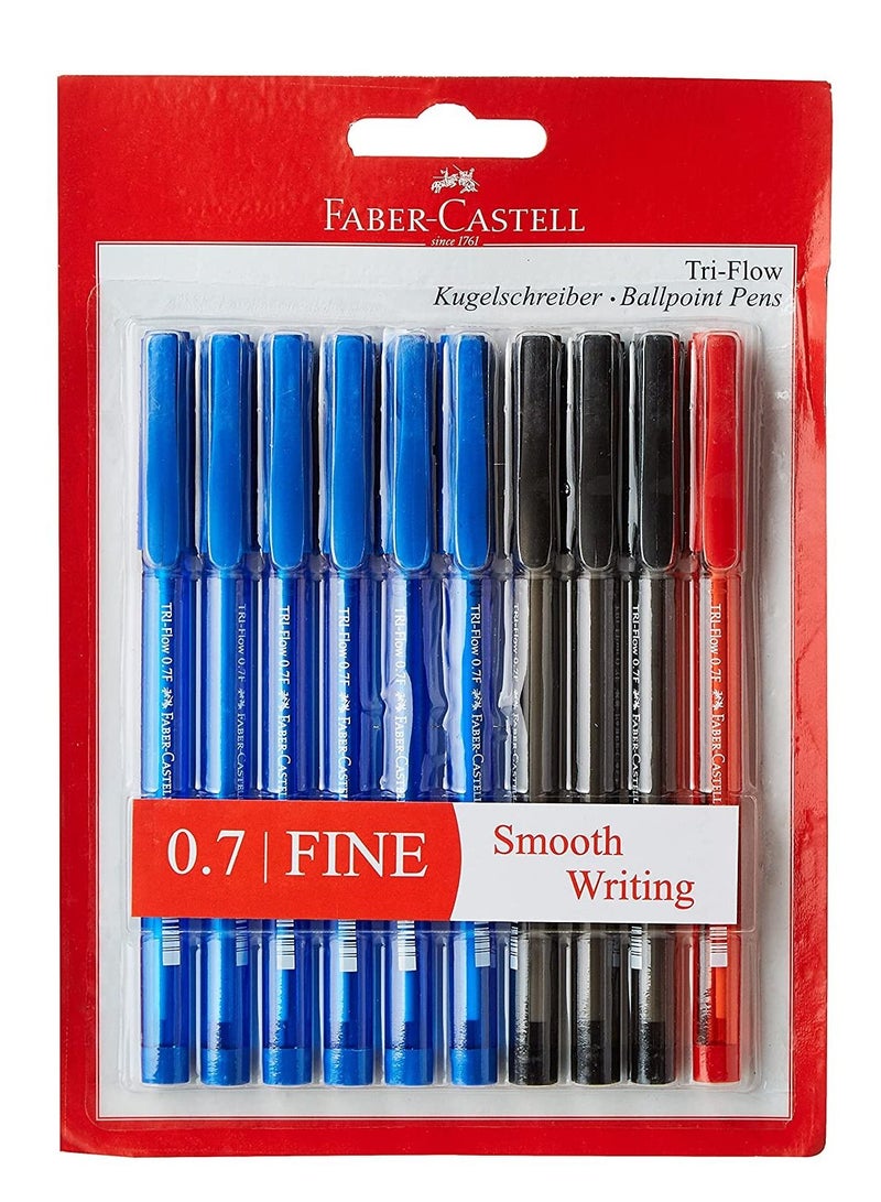 قلم كرة التدفق فابر كاستيري 0.7 مم من 10 قطع متنوعة 6 أزرق + 3 أسود + 1 أحمر