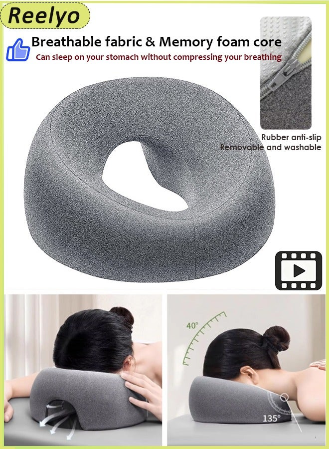 ريليو وسادة وجه مريحة، وسادة نوم محمولة للمكتب، وسادة رقبة قابلة للارتداد، وسادة مكتب للطلاب، وسادة دعم للرقبة والرأس على شكل حرف U، وسادة دعم من إسفنج الذاكرة، وسادة تدليك للخصر بطيئة الارتداد، وسادة وجه مريحة للذراعين، وسادة رقبة مريحة من إسفنج الذاكرة للنوم على الجانب أو الظهر أو البطن مع غطاء قابل للغسل، مناسبة للمنزل والمكتب والمكتبة والسفر بالطائرة أو السيارة أو القطار أو الحافلة أو أثناء استراحة الغداء أو في المنتجع الصحي أو الصالون، للبالغين والأطفال، رمادي - Image 1