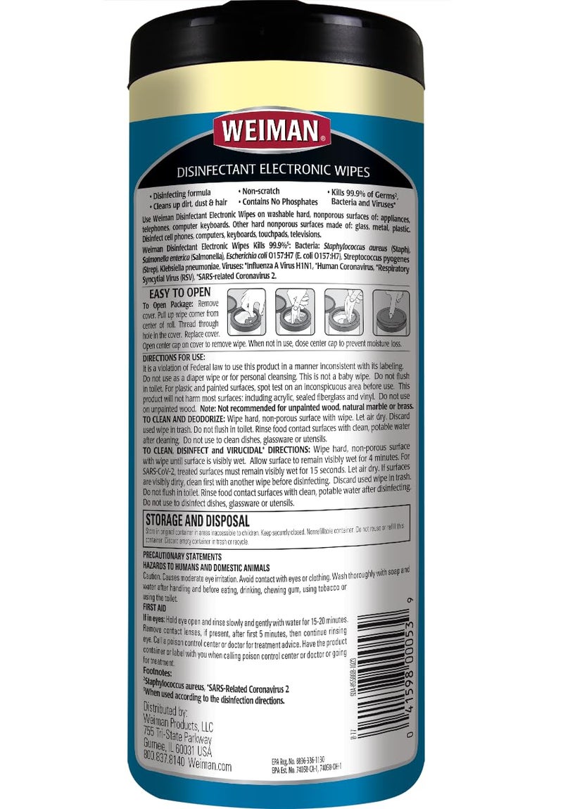 Weiman Disinfecting Electronic Cleaning Wipes For Keyboards, Tablets, E-readers, Smart Phones, Netbooks, and Touchscreens (30 Wipes) - Image 2