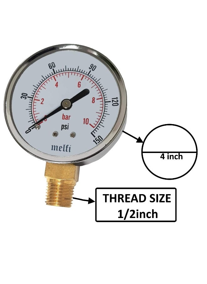 melfi Melfi 4-Inch Dial Pressure Gauge â€“ Accurate, Vibration-Resistant Gauge for Water, Oil, Air & HVAC Systems â€“ Ideal for Industrial & Professional Use (10 BAR)  - Image 2