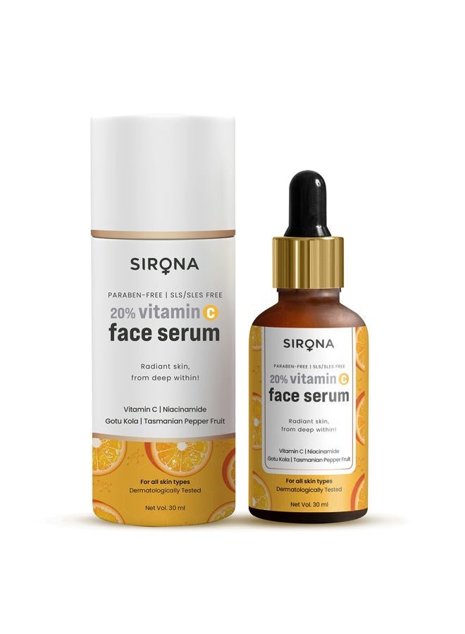 Sirona 20% Vitamin C Face Serum for Men & Women – 30 ml for Repair Skin Damage, Heals Dark Spots & Makes Skin Radiant | with Niacinamide, Gotu Kola & Tasmanian Pepper Fruit - Image 1