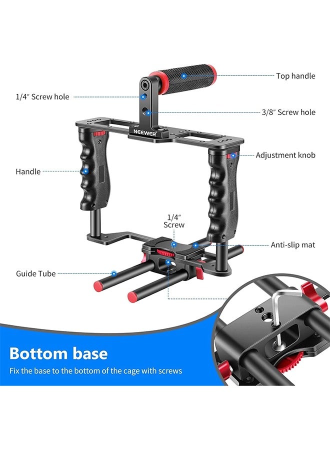 NEEWER Camera Video Cage Film Movie Making Kit, Aluminum Alloy with Top Handle, Dual Hand Grip, Two 15mm Rods, Compatible with Canon Sony Fujifilm Nikon DSLR Camera and Camcorder (Black + Red) - Image 4