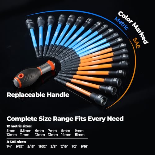 toolant 21pcs Extra Long Nut Driver Bit Set, SAE/Metric Magnetic Nut Driver Set with Replacement Handle - Image 3