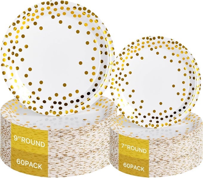 120PCS WHITE PAPER PLATES DISPOSABLE GOLD PAPER PLATES 60PCS DINNER PLATES 960PCS DESSERT PLATES 7 PARTY PLATES WITH GOLDEN DOT FOR BIRTHDAY GATHERING AND GRADUATION