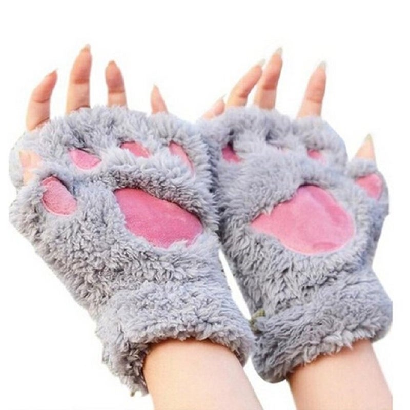 Himine Cat Claw Bear Paw Fingerless Winter Plush Gloves 1Pair (Grey) - Image 4