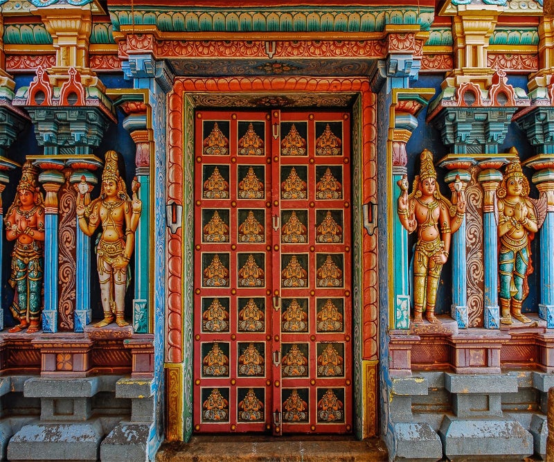 CORFOTO 10x8ft Fabric Colorful India Tanjore Temple Door Backdrop Old India Religion Building Photo Background for Indian Party Decorations Adults Photo Prop Indian Themed Party Decor - Image 2