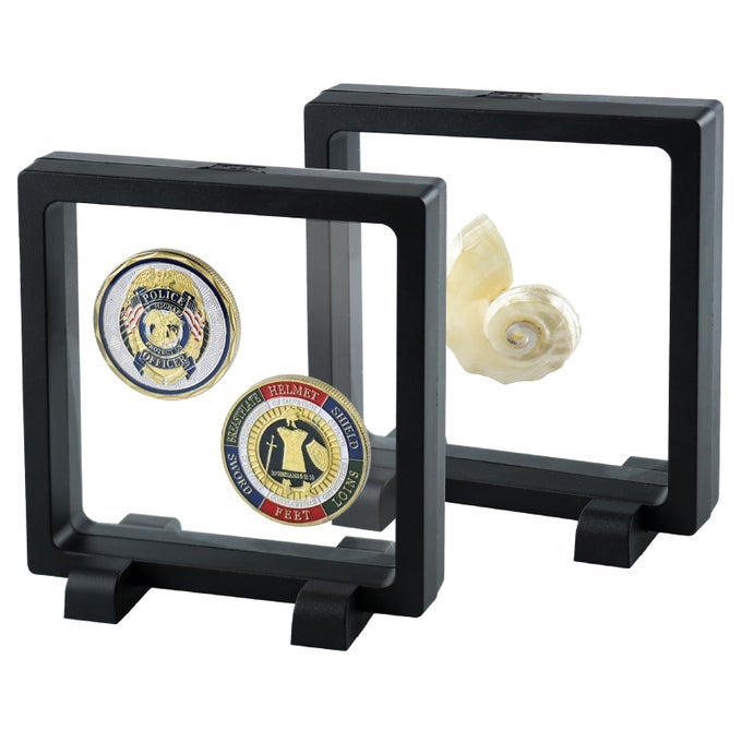 CHALLENGE COIN DISPLAY CASE 43 H COIN DISPLAY FRAME CLEAR 3D FLOATING HOLDERS SMALL SHADOW BOXES FOR MEDAL AA MEDALLIONS JEWELRY CHALLENGE COINS BLACK SET OF 2