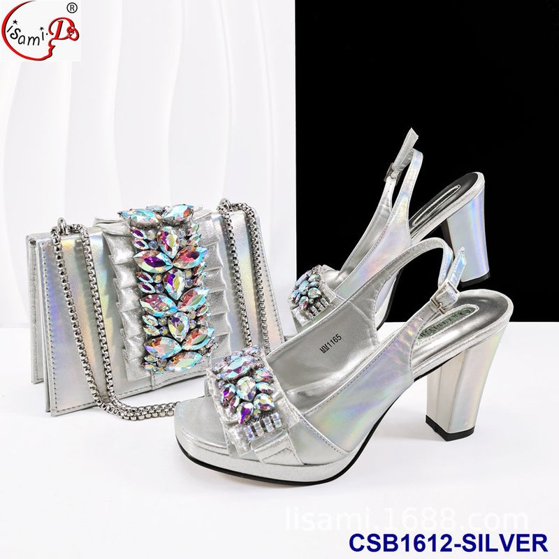 Diamond-Encrusted Carved Butterfly Back Tied With Elastic Strap High Heels And Handbag Set Shoes And Bag Set - Image 1