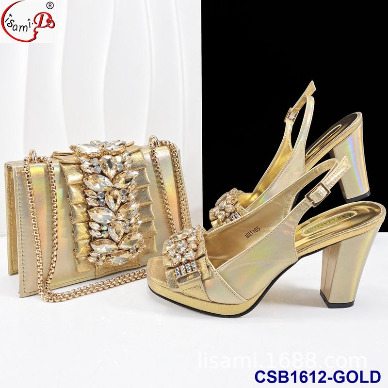 Diamond-Encrusted Carved Butterfly Back Tied With Elastic Strap High Heels And Handbag Set Shoes And Bag Set - Image 2