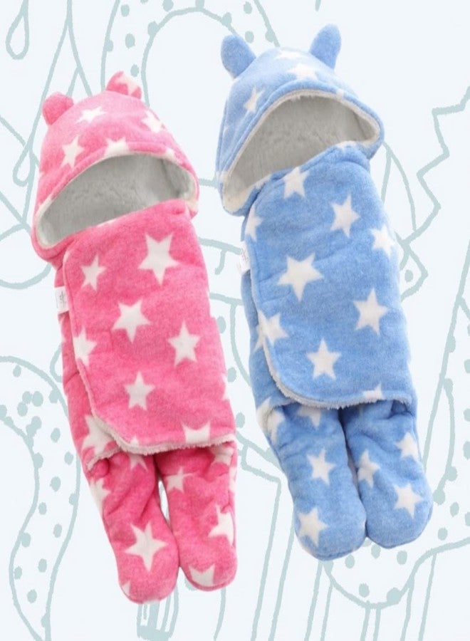 First Kick New Born Baby Blanket Pack of Super Soft Wearable Baby Wrapper Durable Fleece Polyester Cum Baby Sleeping Bag for Baby Boys, Baby Girls, Babies (76cm x 70cm, 0-6 Months) Blue, Pink - Image 1