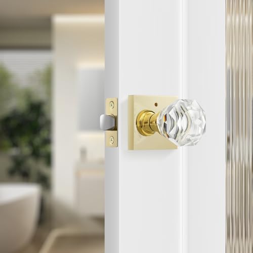 Leydebong 1 Pack Crystal Door Knobs Brushed Gold Door Handles Interior Premium BathroomBedroom Door Levers with Lock Glass Door Knobs Privacy Function with No Key - Image 1