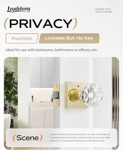 Leydebong 1 Pack Crystal Door Knobs Brushed Gold Door Handles Interior Premium BathroomBedroom Door Levers with Lock Glass Door Knobs Privacy Function with No Key - Image 3