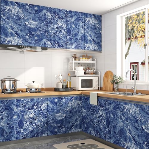 Wallercity Stream Blue Marble Contact Paper for Countertops Waterproof Self Adhesive Marble Blue/White Peel and Stick Wallpaper fpr Counter Top Vinyl Wrap for Cabinets Shelf Table Tops 15.8''x78.7'' - Image 3