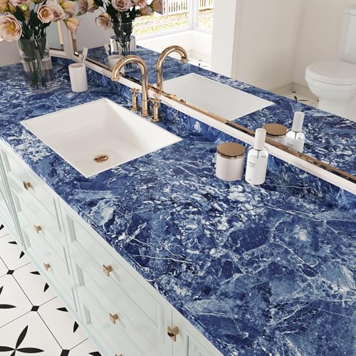 Wallercity Stream Blue Marble Contact Paper for Countertops Waterproof Self Adhesive Marble Blue/White Peel and Stick Wallpaper fpr Counter Top Vinyl Wrap for Cabinets Shelf Table Tops 15.8''x78.7'' - Image 5