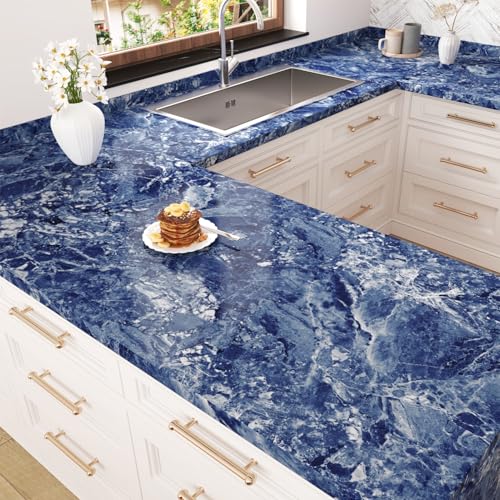 Wallercity Stream Blue Marble Contact Paper for Countertops Waterproof Self Adhesive Marble Blue/White Peel and Stick Wallpaper fpr Counter Top Vinyl Wrap for Cabinets Shelf Table Tops 15.8''x78.7'' - Image 2