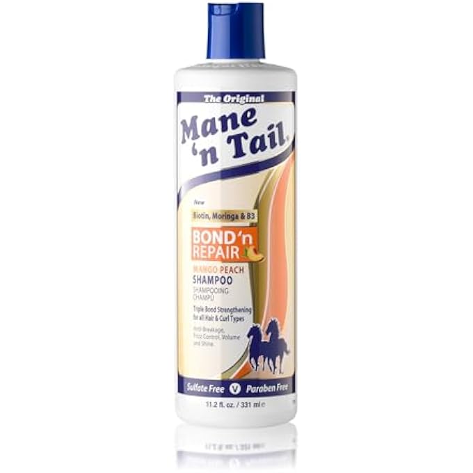 Mane 'n Tail Bond â€™n Repair Shampoo, Sulfate-Free Strengthening Shampoo for Damaged Hair, Anti-Breakage Triple Bond Repair with Biotin, Moringa & Niacinamide, Mango Peach 11.2 fl oz