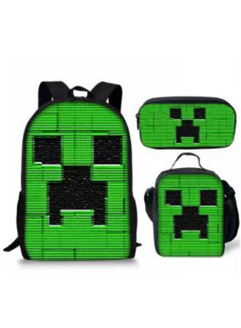 MINECRAFT Digital Printing Large Capacity Backpack Three piece Set Lunch Bag Pen Bag Polyester Comfortable Load Reducing Backpack for Students and Children Unisex - Image 1