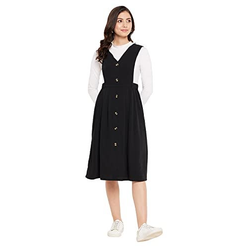 WineRed Women Black Soild Pinafore Dress with Button - Image 1