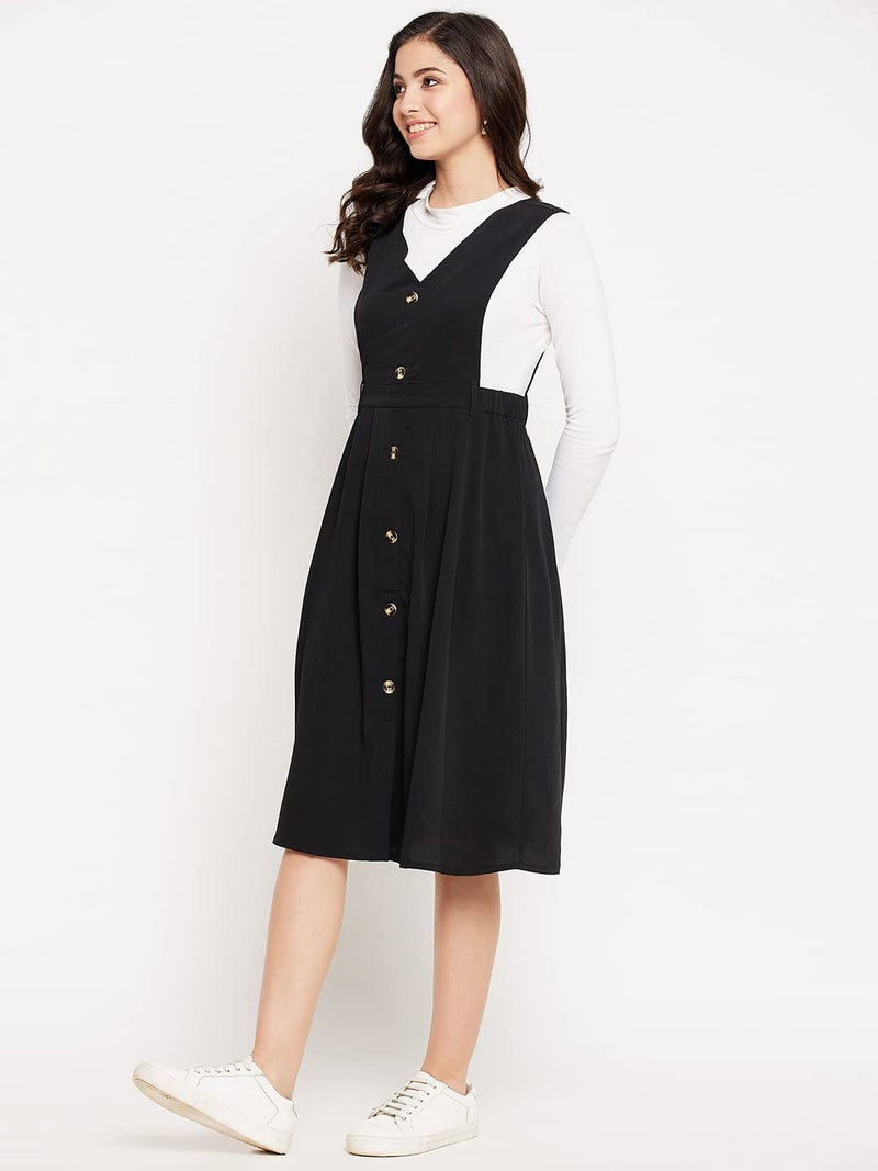WineRed Women Black Soild Pinafore Dress with Button - Image 4
