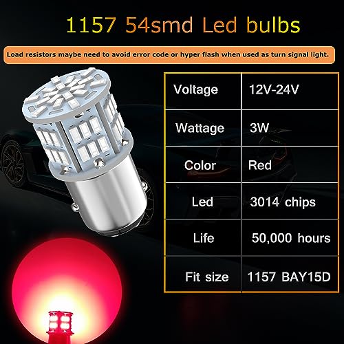 Melphan-Auto 1157 Led Brake Light Bulb Red, 12V-24V 1157 7528 2357 2057 BAY15D LED Replacement Light Bulb for Brake Light Tail Light for Car RV Trailer Boat, 54SMD 3014 Chipset,4PCS - Image 3
