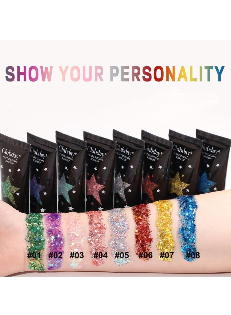 KASTWAVE 8 PCS Face & Body Glitter Gel Set - Mermaid Flakes Chunky Sequins for Eyes, Lips, Hair, Nails, 30ml - Festival Chunky Glitter Accessory - Image 2