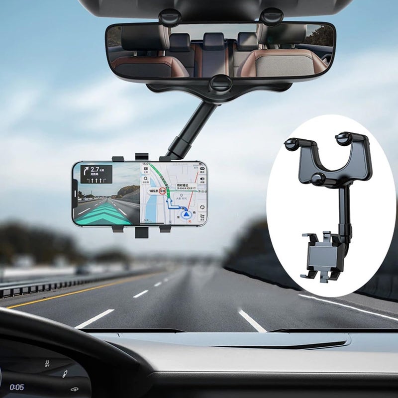 ECVV Car Phone Holder Mount, Rotatable and Retractable Car Phone Mount Rear View Mirror Mobile Holder, Sturdy Holder Phone Mount Fit with All Mobile Phones, Black - Image 1