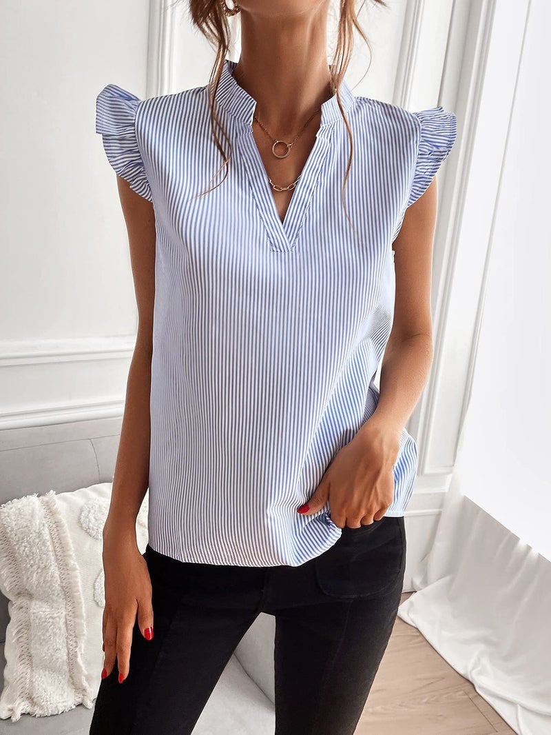WDIRARA Women's Striped Ruffle Cap Sleeve Notched V Neck Blouse Top Shirt Blue and White XL - Image 4