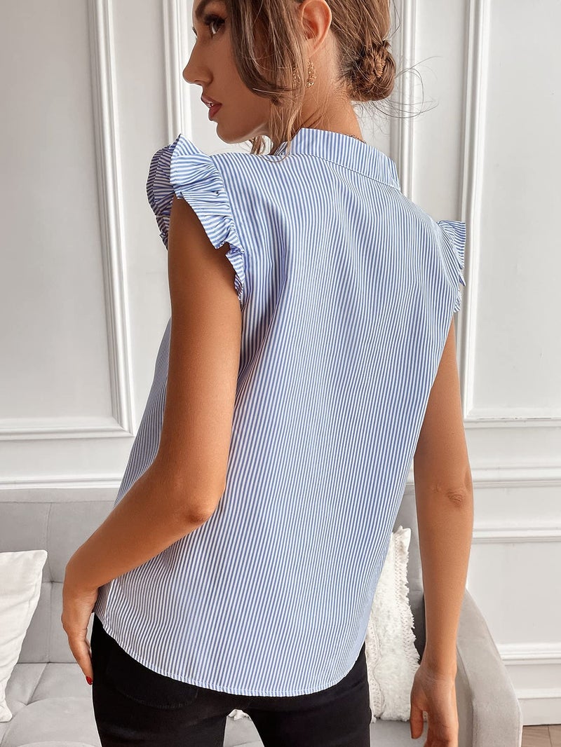 WDIRARA Women's Striped Ruffle Cap Sleeve Notched V Neck Blouse Top Shirt Blue and White XL - Image 2