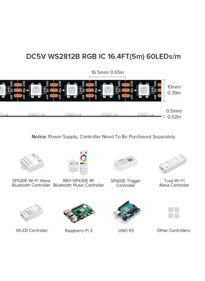 Generic - Btf-Lighting  WS2812B RGB 5050SMD Individual Addressable 16.4FT 60Pixels m 300Pixels Flexible Black PCB Full Color LED Pixel Strip Dream Color IP30 Non-Waterproof Making LED Screen LED Wall Only DC5V - Image 1