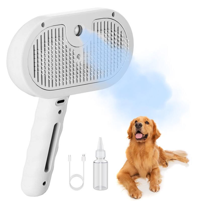 Cornnpet Dog Steam Brush 3 in 1 Cat Brush with Steam and Release Button Grooming Tool for Indoor Pets Dogs Hair Removal Shedding Water for Small Animals Long Short Haired - White - Image 1