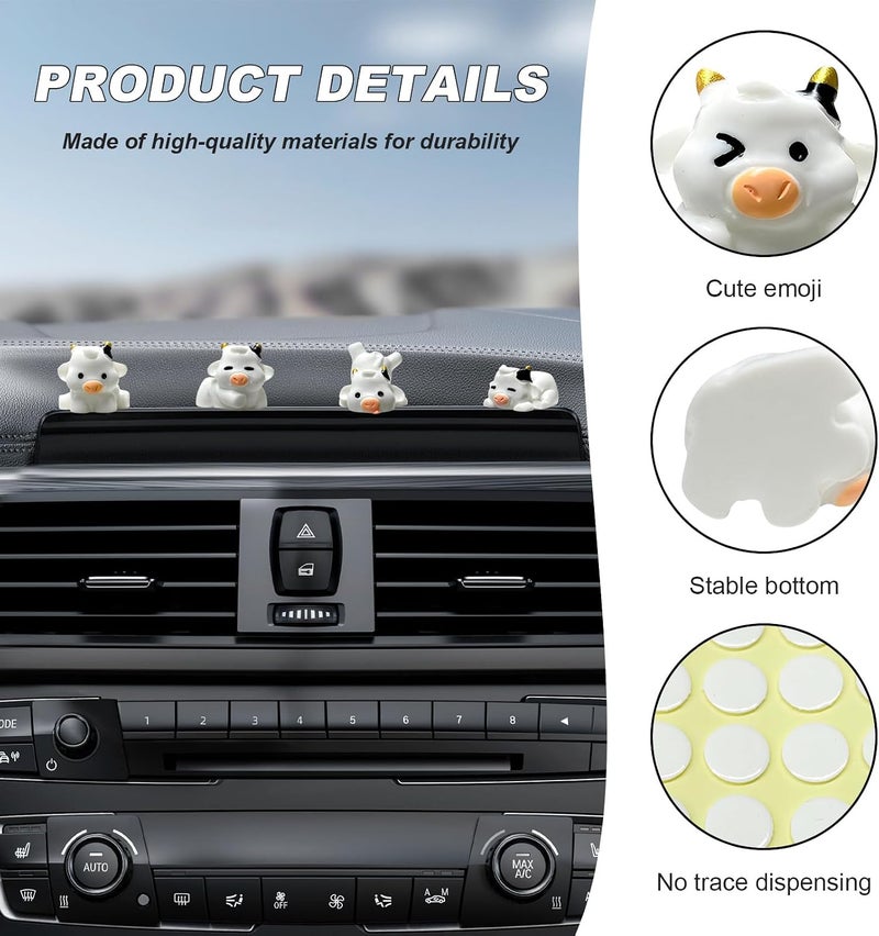 FSTURIOS 6PCS Cute Cow Car Dashboard Decor Set, Funny Adorable Cow Center Console Rear View Mirror Decoration, Mini Resin Cow Figurines Cartoon Animal Ornament for Women (White) - Image 3