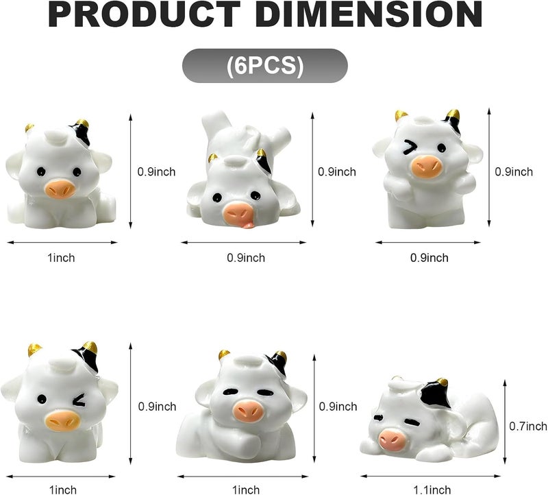 FSTURIOS 6PCS Cute Cow Car Dashboard Decor Set, Funny Adorable Cow Center Console Rear View Mirror Decoration, Mini Resin Cow Figurines Cartoon Animal Ornament for Women (White) - Image 2