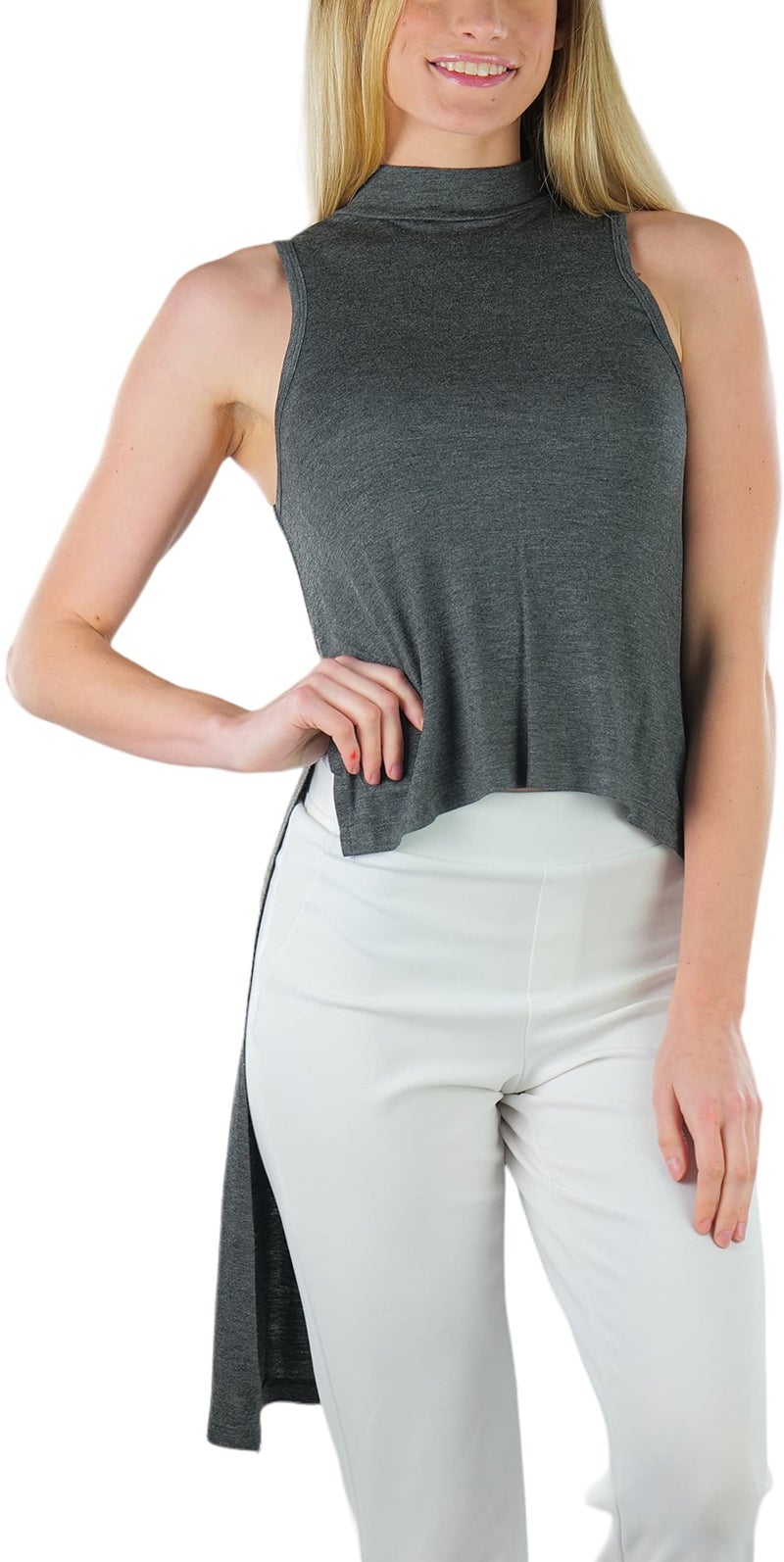 ToBeInStyle Women's Mock Neck Side Split Sleeveless Top - Charcoal- Large - Image 4