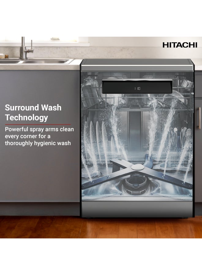 HITACHI Dishwasher Freestanding, 15 Place Setting, 8-Programs, Intensive Wash, Glass Care, Inverter Motor-Turbo Washing, Gentle washing at 40 °C, Silent Dishwasher, Overflow Safety-1 Year Warranty 9.5 L HDF-F158CVX Inox - Image 3
