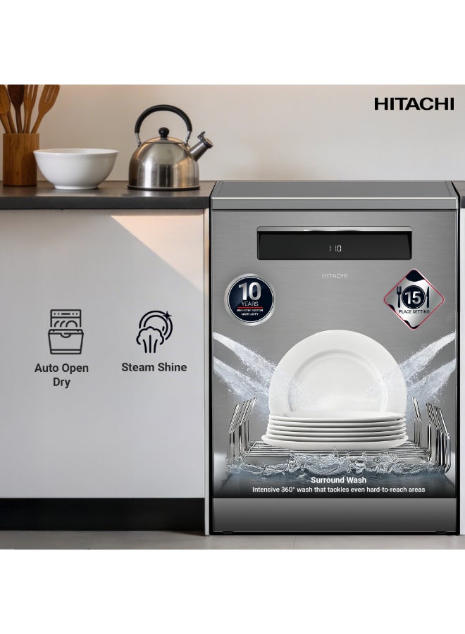HITACHI Dishwasher Freestanding, 15 Place Setting, 8-Programs, Intensive Wash, Glass Care, Inverter Motor-Turbo Washing, Gentle washing at 40 °C, Silent Dishwasher, Overflow Safety-1 Year Warranty 9.5 L HDF-F158CVX Inox - Image 2