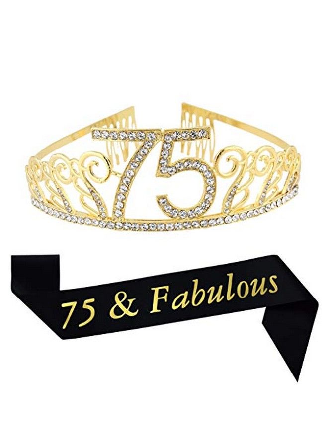 Mayin 75Th Birthday Gold Tiara And Sash Glitter Satin Sash And Crystal Rhinestone Tiara Crown For Happy 75Th Birthday Party Supplies Favors Decorations 75Th Birthday Cake Topper - Image 1