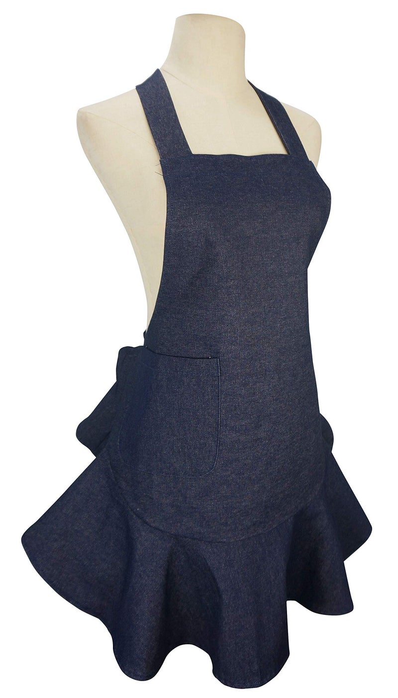 LilMents Women's Retro Denim Kitchen Bib Chef Apron (Navy Blue) - Image 5