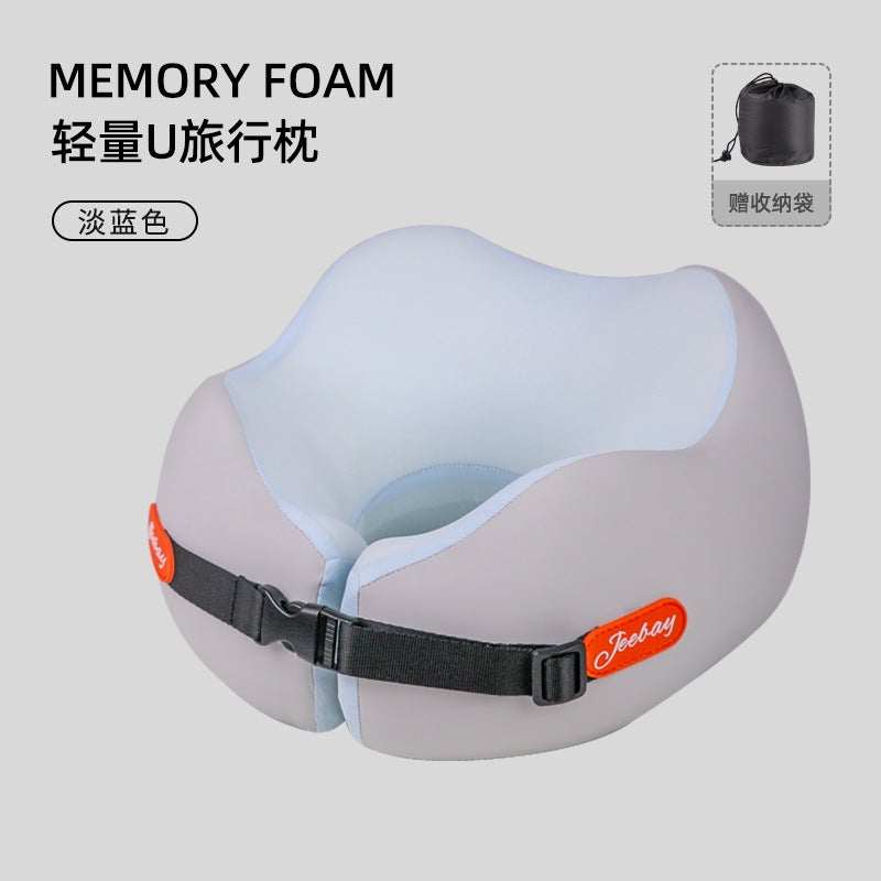 Summer ice silk neck pillow long-distance travel aircraft pillow memory foam portable belt storage u-shaped pillow head in stock wholesale Snap light blue 