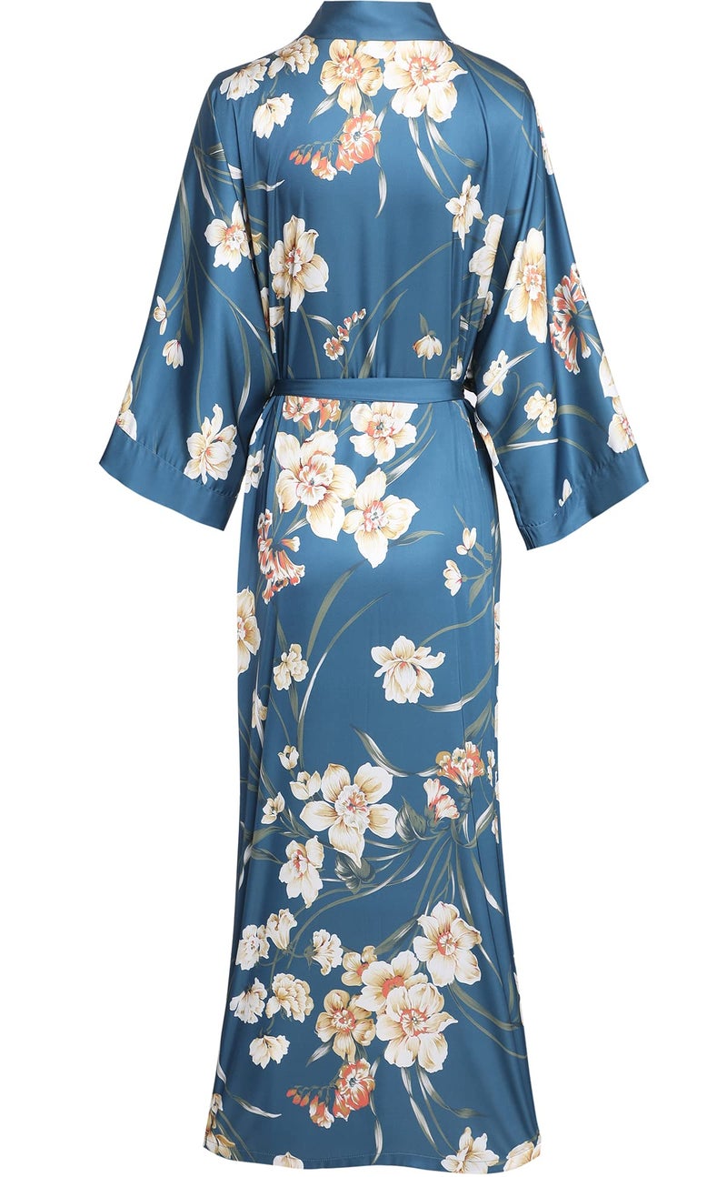 Aensso Long Soft Lightweight Silky Kimonos Robes for Women, Luxury Japanese Floral Womens Kimono Robe (Indigo) - Image 2