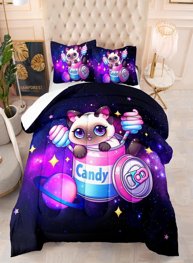 Suncloris Cute Cat on Candy Jar Comforter Set for Kids Teens, Twin Size Black Cosmic Starry Sky Bedding Quilt with 2 Matching Animal Themed Pillowcases -68" x 86" (Black, Twin) - Image 1