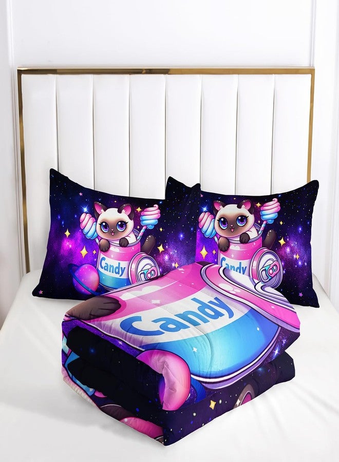 Suncloris Cute Cat on Candy Jar Comforter Set for Kids Teens, Twin Size Black Cosmic Starry Sky Bedding Quilt with 2 Matching Animal Themed Pillowcases -68" x 86" (Black, Twin) - Image 3