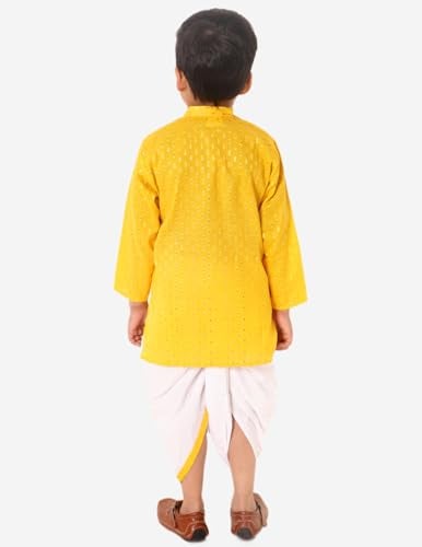 Superminis Boy's Cotton Kurta with Dhoti - Golden Thread Work, Round Collar, Side Button Kurta Set for Ethnic Wear (Yellow+White, 6-12 Months) - Image 3