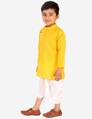 Superminis Boy's Cotton Kurta with Dhoti - Golden Thread Work, Round Collar, Side Button Kurta Set for Ethnic Wear (Yellow+White, 6-12 Months) - Image 4