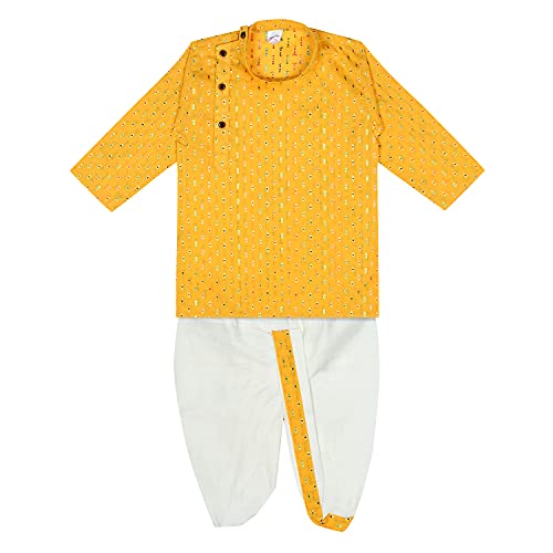 Superminis Boy's Cotton Kurta with Dhoti - Golden Thread Work, Round Collar, Side Button Kurta Set for Ethnic Wear (Yellow+White, 6-12 Months) - Image 1