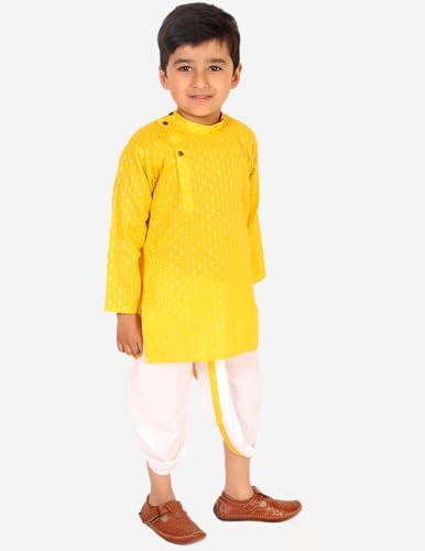 Superminis Boy's Cotton Kurta with Dhoti - Golden Thread Work, Round Collar, Side Button Kurta Set for Ethnic Wear (Yellow+White, 6-12 Months) - Image 5