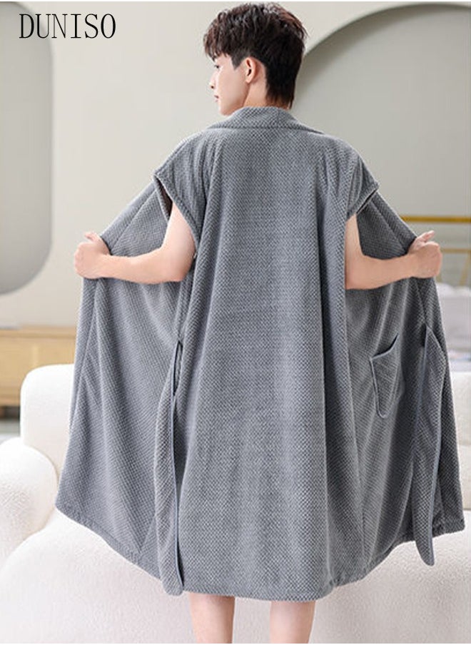 DUNISO Men's Bath Robe, Wearable Bath Towel with Side Pocket Wrap Shower Wrap Towel Dress Bathrobe Waffle Spa Towel Robes with Adjustable Closure Quick Dry Lightweight Cover Up  - Image 4