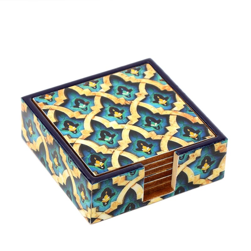 DULI Set of 6 MDF Wood Tea Coasters with Stand (10 * 10 cm) (Greek Pattern) - Image 1