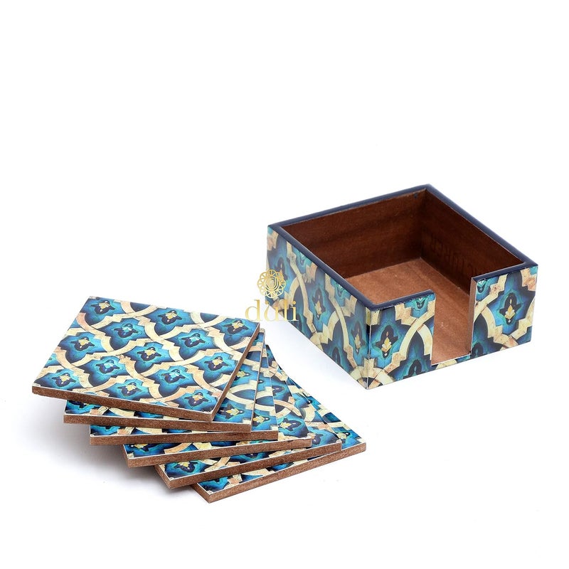 DULI Set of 6 MDF Wood Tea Coasters with Stand (10 * 10 cm) (Greek Pattern) - Image 5