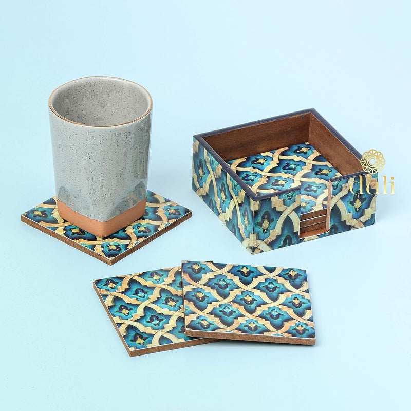 DULI Set of 6 MDF Wood Tea Coasters with Stand (10 * 10 cm) (Greek Pattern) - Image 2