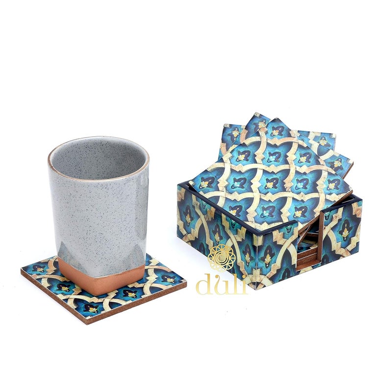 DULI Set of 6 MDF Wood Tea Coasters with Stand (10 * 10 cm) (Greek Pattern) - Image 3